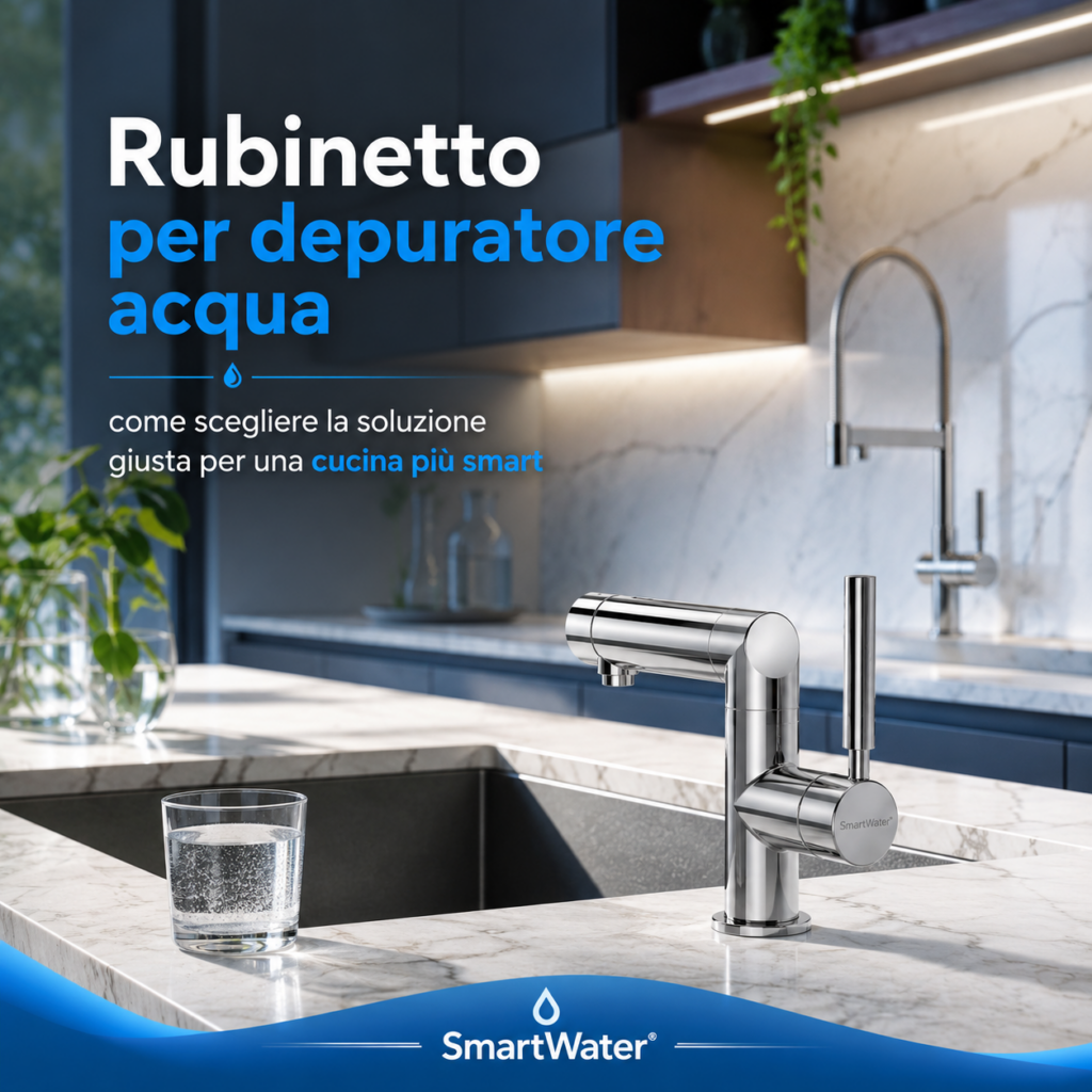 Rubinetto SmartWater per depuratore acqua installato in una cucina moderna con bicchiere di acqua filtrata